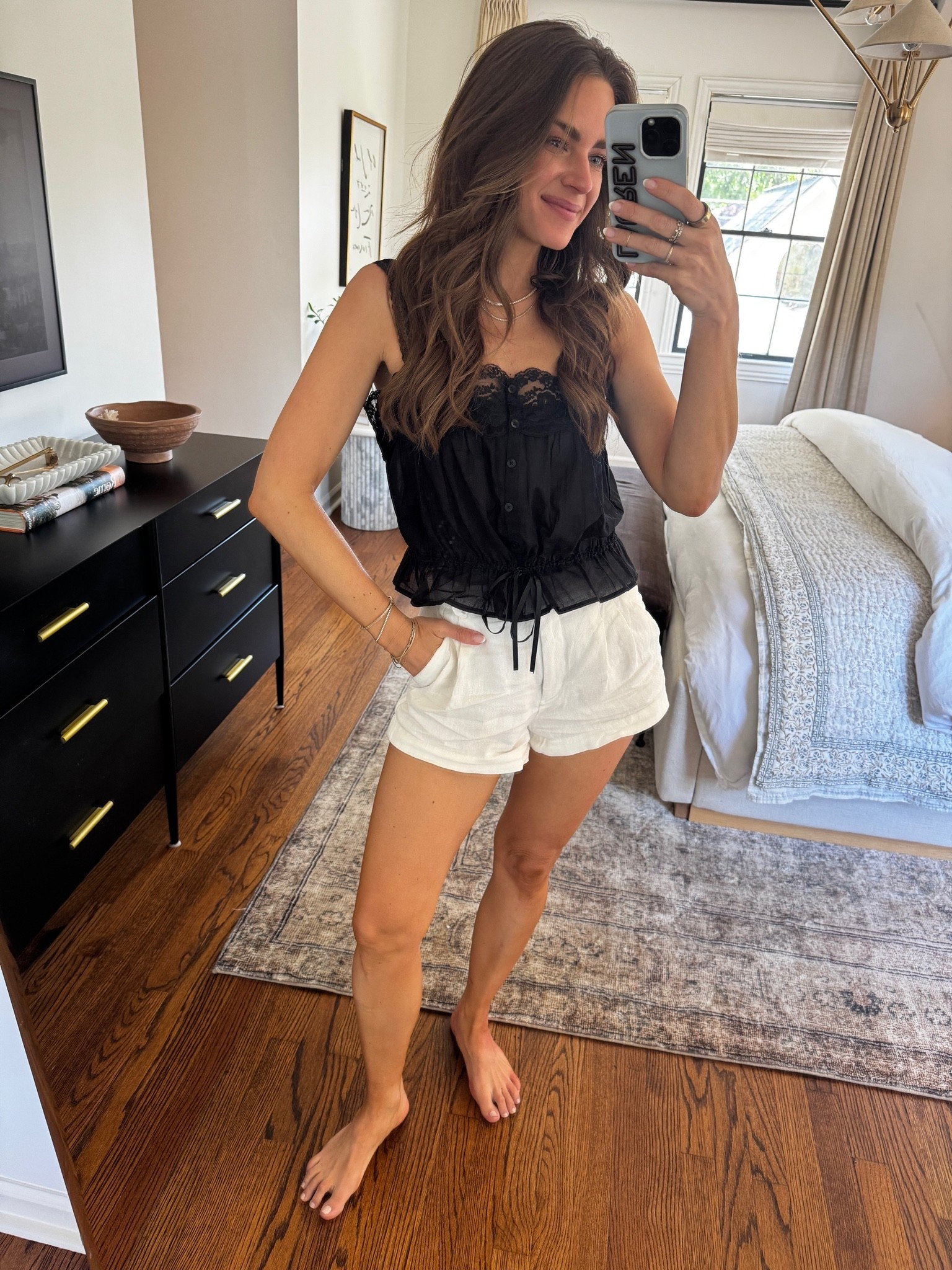 This top is finally back in stock in a few colors. I got these shorts in. A few fabrics/colors/lengths & love them. Size up! I’m in a size 4.