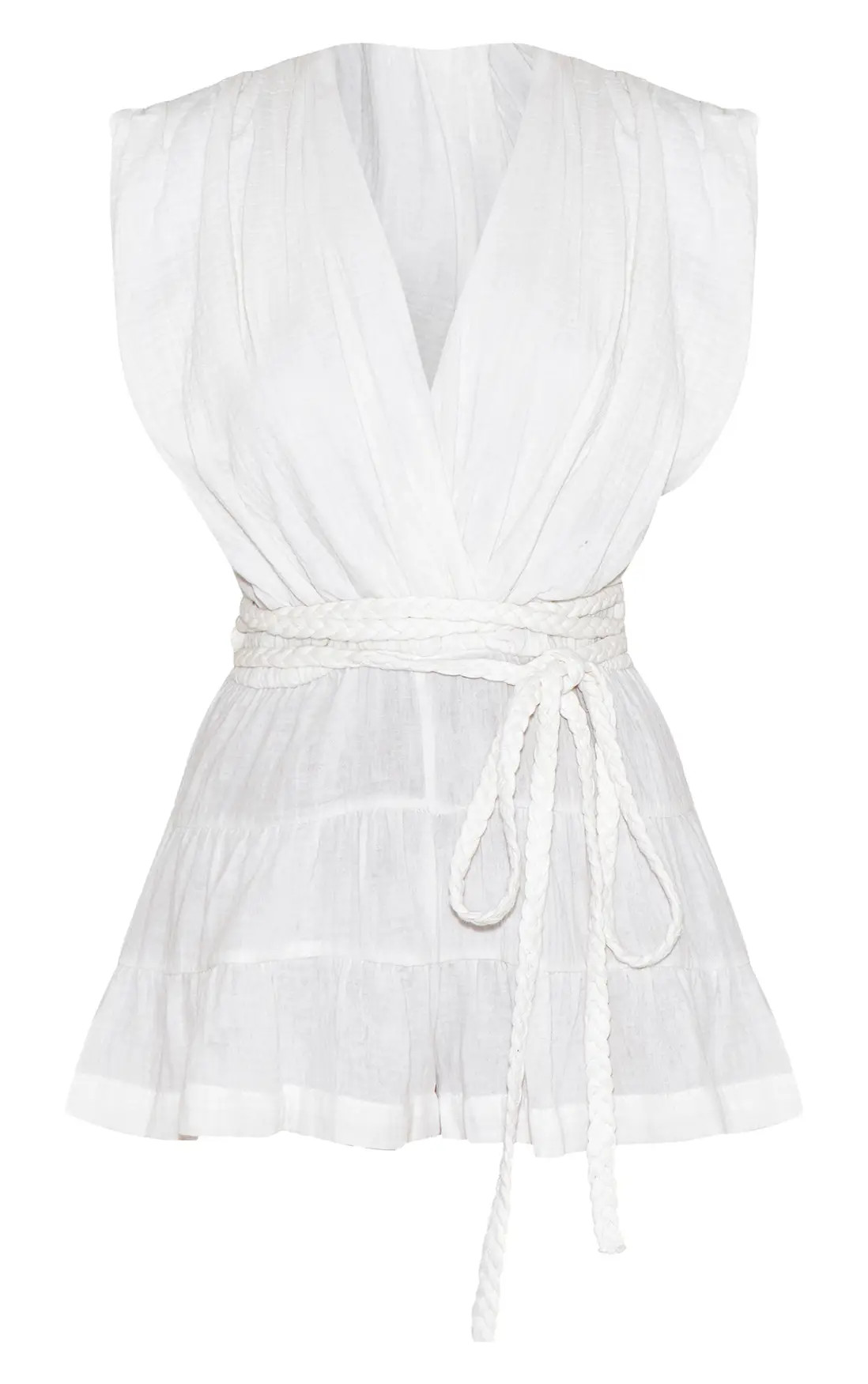 White Textured V Neck Tie Waist Playsuit | PrettyLittleThing UK