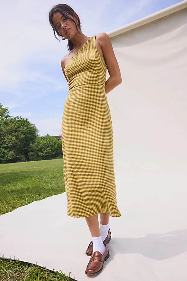 Urban Outfitters UO Carson Asymmetrical One Shoulder Linen-Blend Midi Dress in Yellow, Women's at Urban Outfitters | Urban Outfitters (US and RoW)
