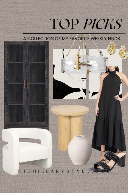 My Weekly Top Picks: furniture and fashion from Wayfair target Amazon, Walmart. Black accent cabinet, accent chair, side table, vase, summer dress, chandelier, wall art, accessories.

#LTKhome #LTKstyletip 

#LTKSeasonal