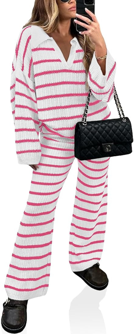 Yousify 2 Piece Sets for Women Long Sleeve V Neck Sweater Lounge Set Striped Fall Outfits 2024 S-... | Amazon (US)