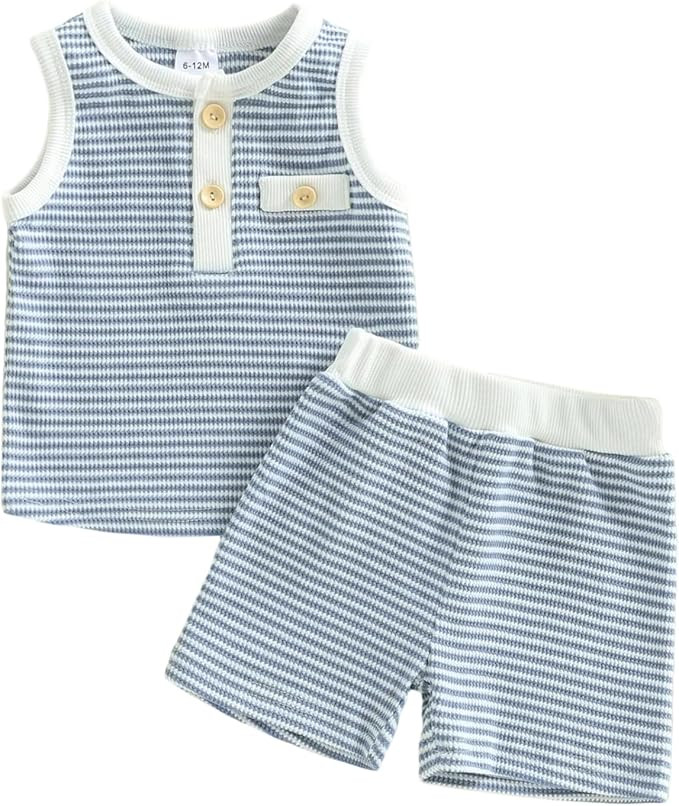 Kupretty Toddler Baby Boy Clothes 12 18 24 Month 2T 3T Summer Outfit Stripe Waffle Knit Sleeveles... | Amazon (US)