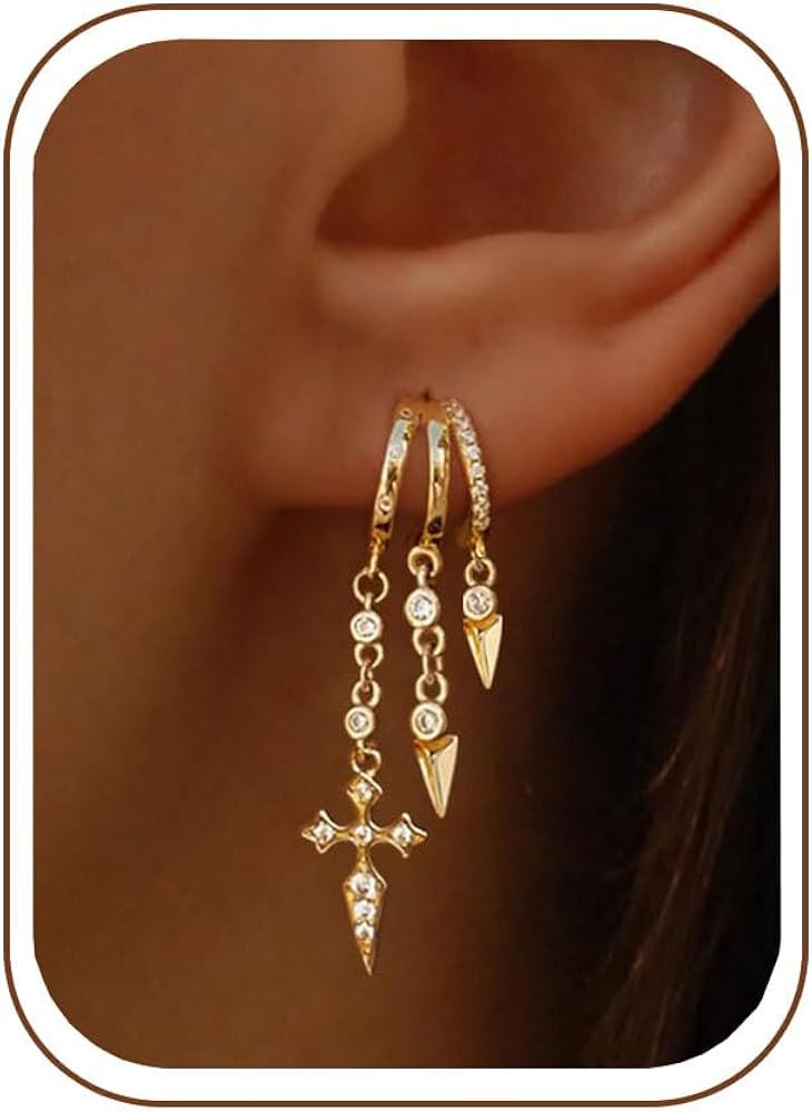 Dangle Earrings For Women,Dainty 14K Gold Plated Hypoallergenic Small Triple Huggie Hoop Earring ... | Amazon (US)