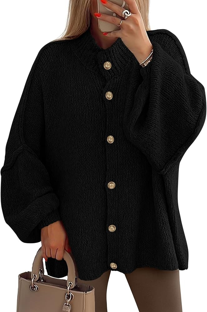 PRETTYGARDEN Women's Winter Button Down Cardigan Sweaters Mock Neck Lantern Long Sleeve Chunky Kn... | Amazon (US)
