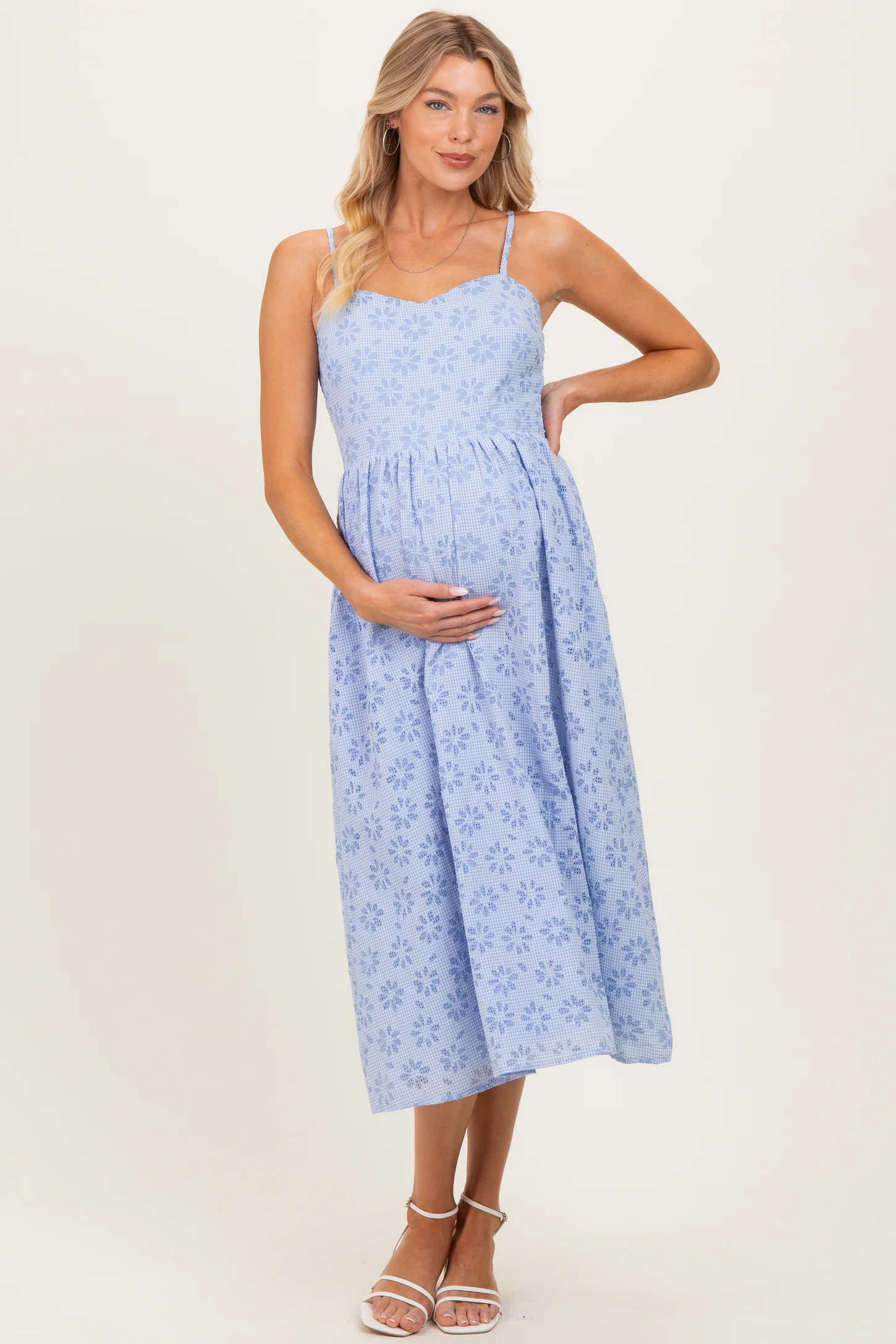 Powder Blue Floral Gingham Maternity Midi Dress | PinkBlush Maternity