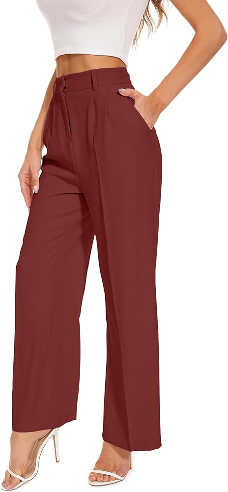 FUNYYZO Wide Leg Pants Women's High Elastic Waisted in The Back Business Work Trousers Long Strai... | Amazon (US)