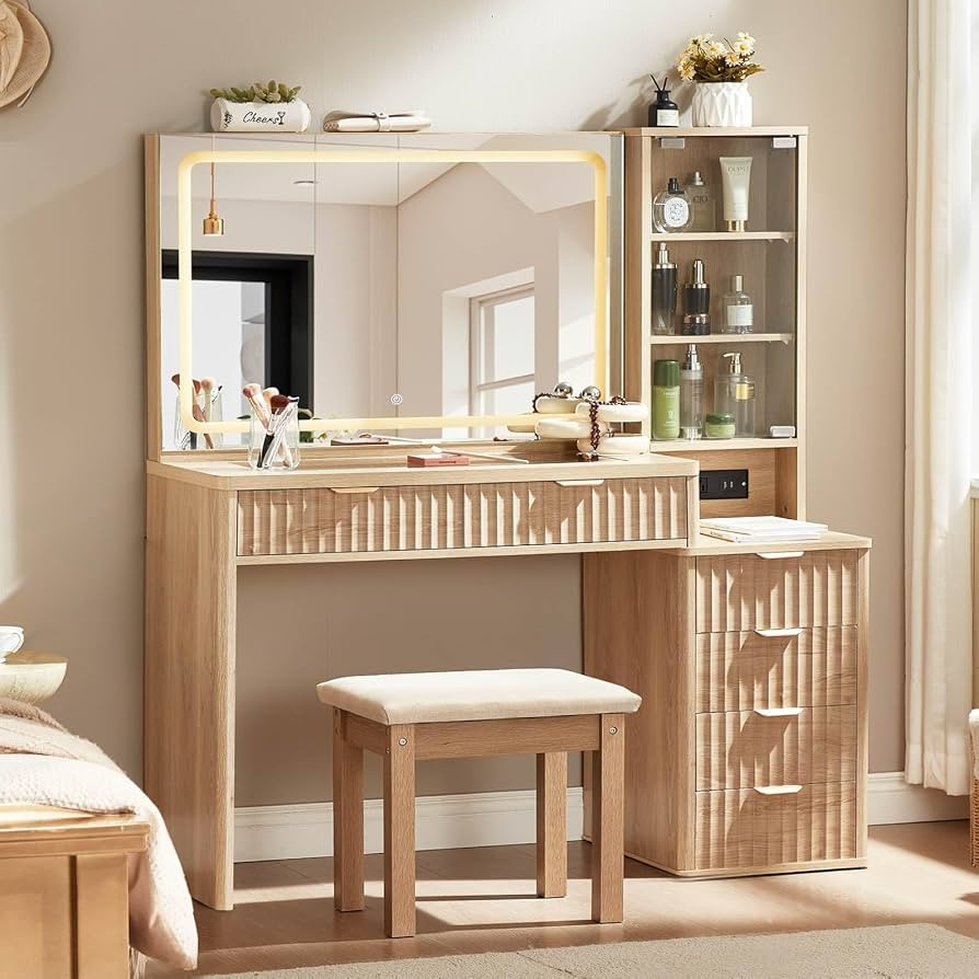 LEYAOYAO Vanity Desk with Mirror and Lights with Stool, 43.5'' Fluted Makeup Vanity with 6 Drawer... | Amazon (US)