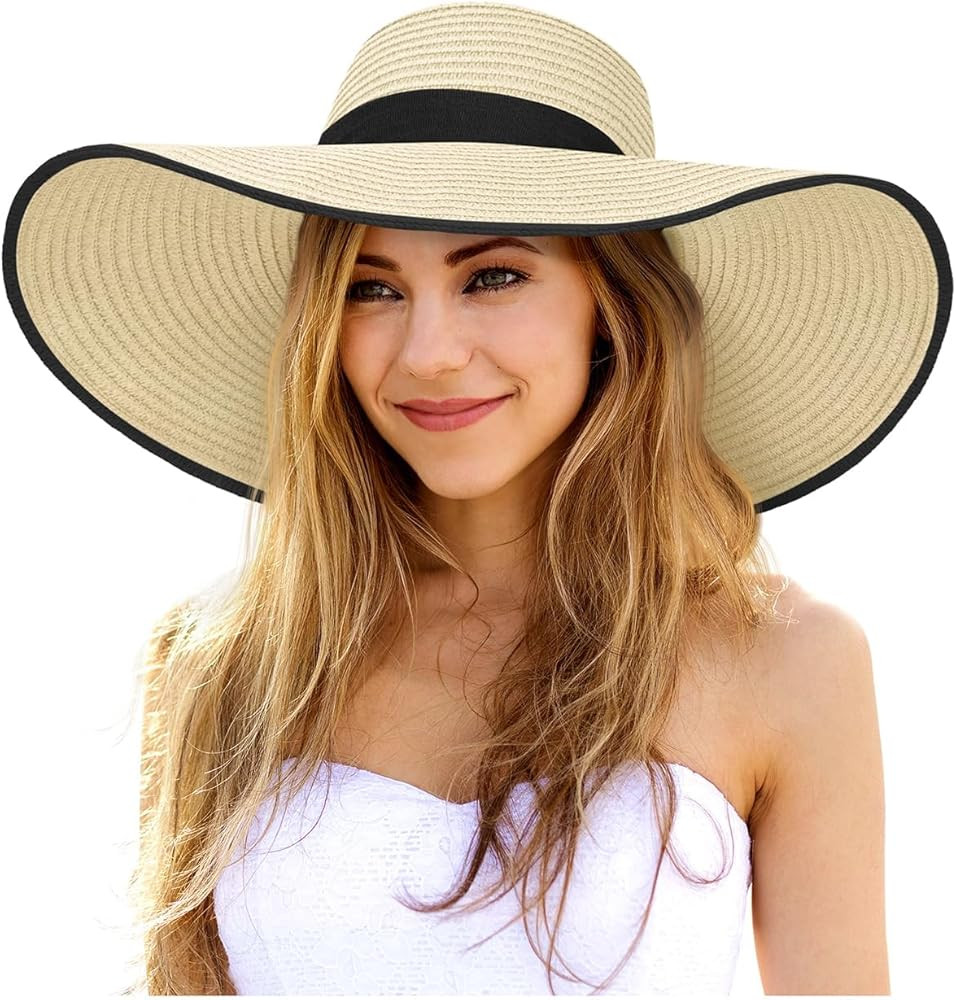 Sun Hats for Women Oversize Wide Brim Straw Beach Hat UV Protection Floppy Foldable Roll-Up Trave... | Amazon (US)