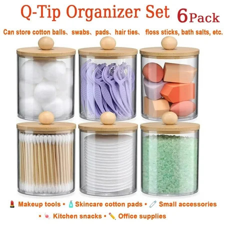 6-Pack Bamboo Qtip Holders - Bathroom Storage for Cotton Balls Swabs Pads Floss | Walmart (US)