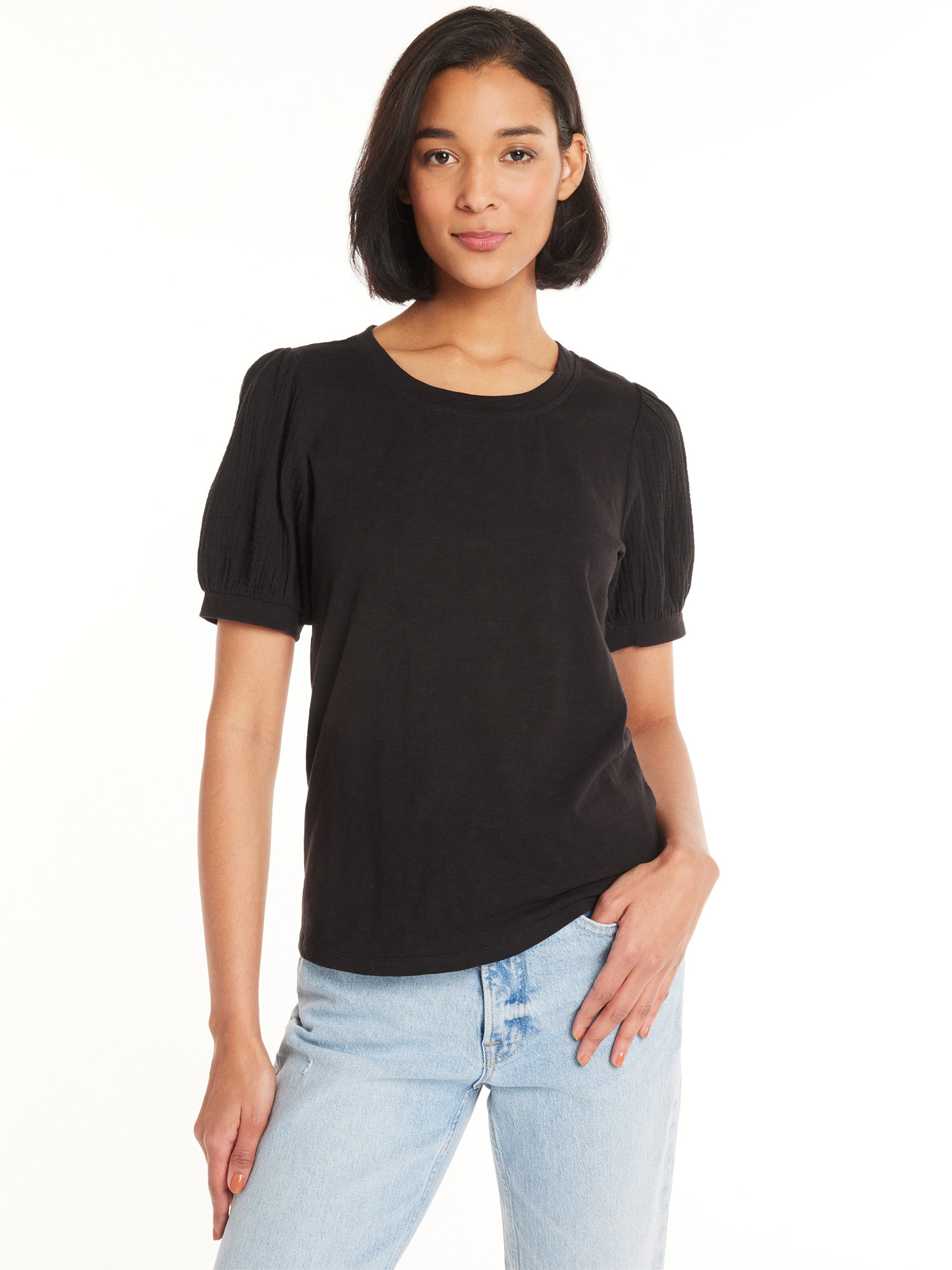 Time and Tru Women's Cotton Top with Puff Sleeves, Sizes XS-XXXL | Walmart (US)