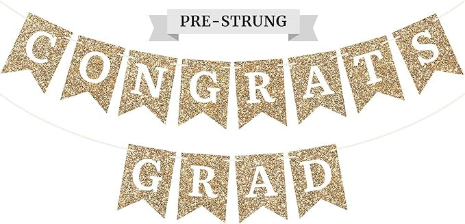 Pre-strung Congrats Grad Banner - No DIY - Gold Glitter Graduation Party Banner - Pre-strung Garl... | Amazon (US)
