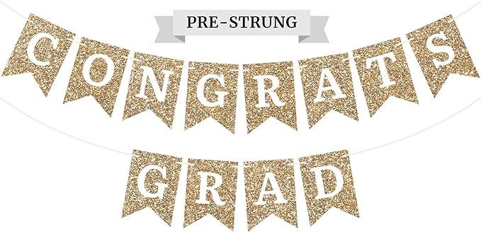 Pre-Strung Congrats Grad Banner - NO DIY - Gold Glitter Graduation Party Banner - Pre-Strung Garl... | Amazon (US)