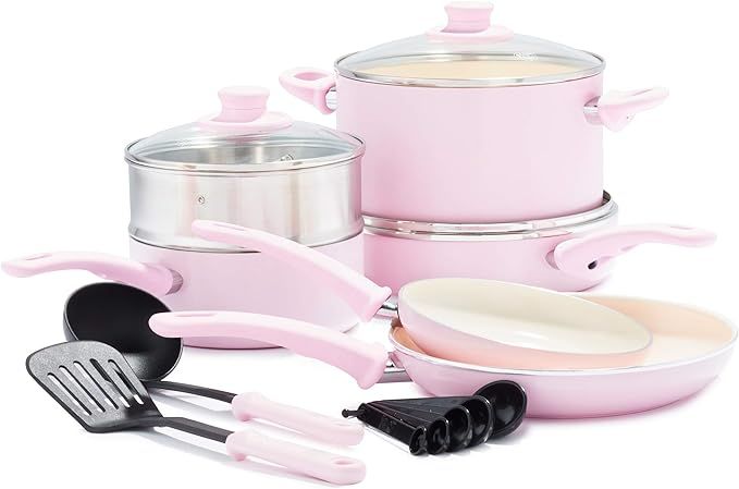 GreenLife Soft Grip Healthy Ceramic Nonstick Pink Cookware Pots and Pans Set, 12-Piece | Amazon (US)