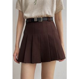 Preppy High Waist Pleats Belt Mini Skirt in Burgundy | Chicwish