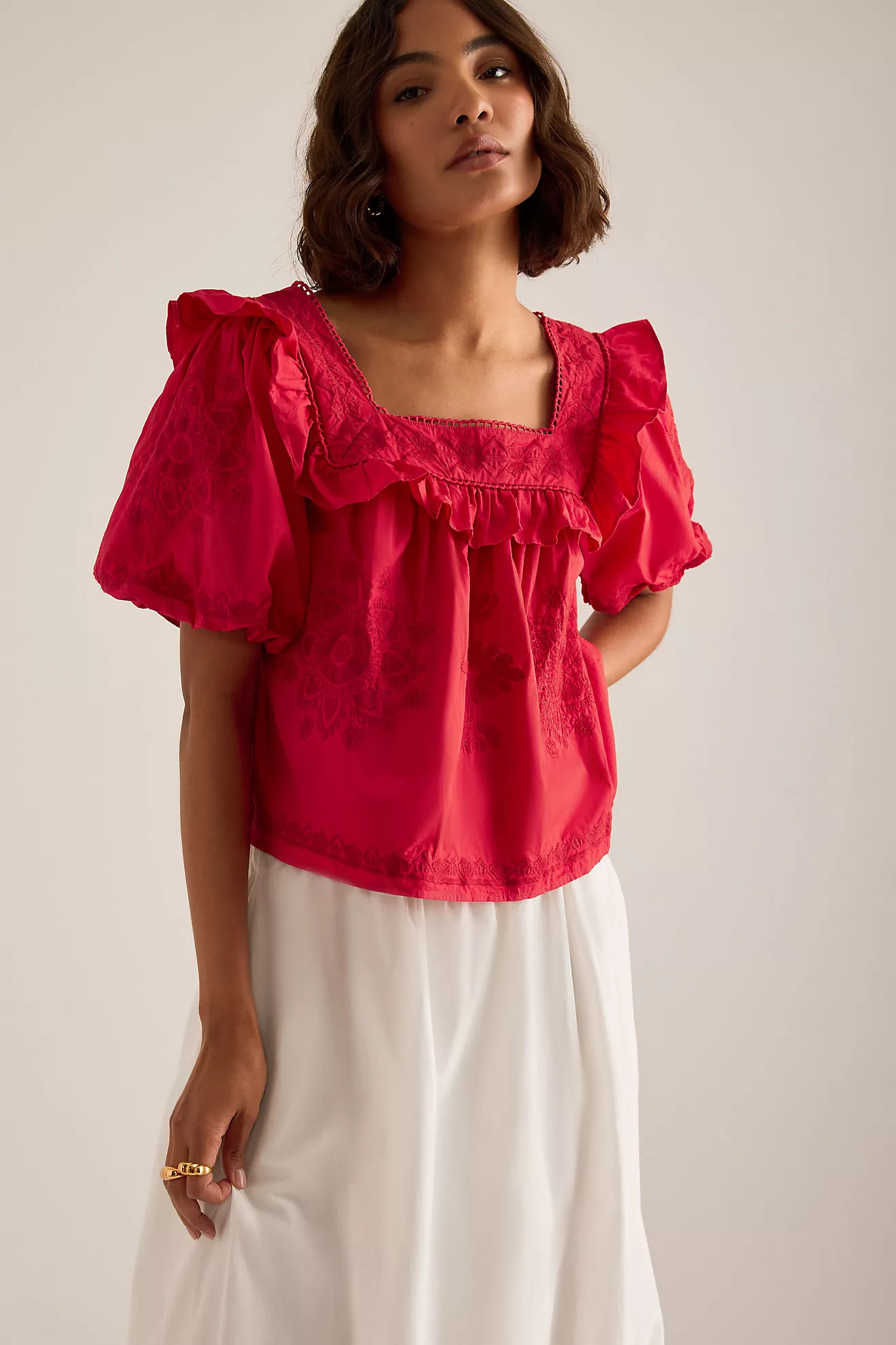 By Anthropologie Ruffle Puff-Sleeve Embroidered Blouse | Anthropologie (UK)