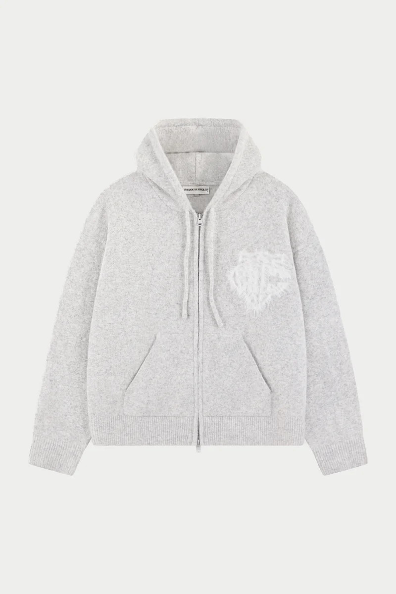 MONOGRAM FLUFFY KNIT ZIP THROUGH HOODIE - GREY MARL | The Couture Club