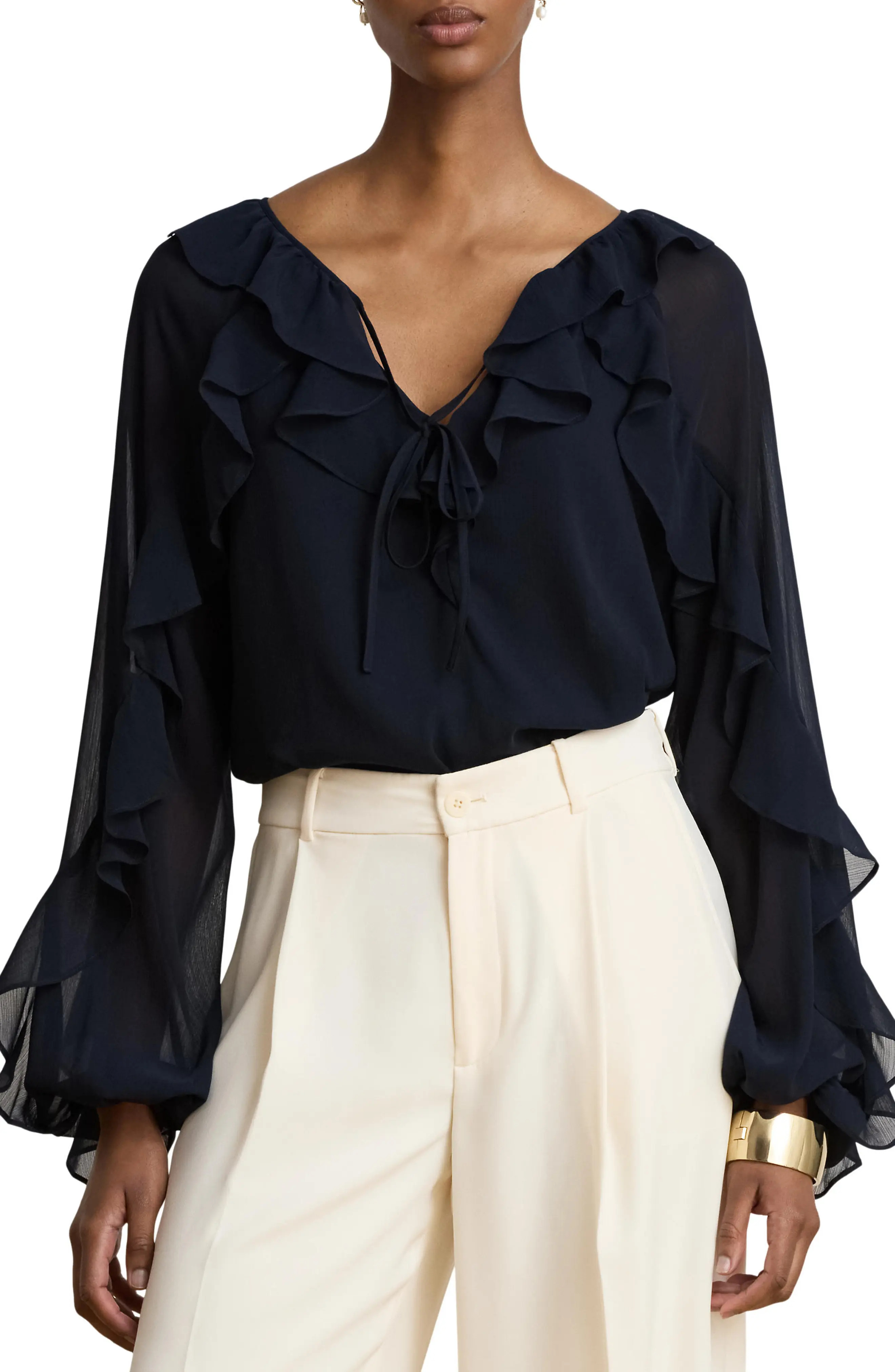 Lauren Ralph Lauren Ruffle Raglan Sleeve Georgette Top (Women) | Nordstrom | Nordstrom