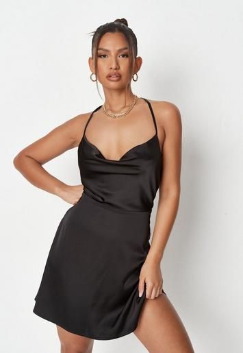 Black Satin Cami Cowl Slip Mini Dress | Missguided (US & CA)