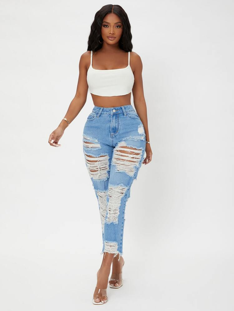 SHEIN SXY High Waist Ripped Raw Hem Cropped Jeans | SHEIN