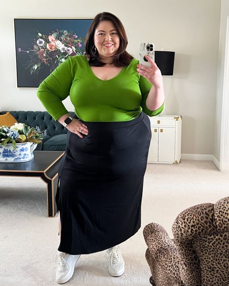 Transition to fall outfit. The ribbed knit of the top feels so good, but it’s definitely more on the bodycon side. The skirt is a soft knit and the side slit has a zipper so you can take it thigh high or close it completely. Plus size fall outfit  

#LTKover40 #LTKplussize