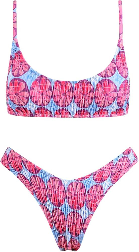 VOLAFA Women's Triangle Bikini Set Smocked Textured Scoop Frilled Print Ruched Elastic Swimsuit T... | Amazon (US)