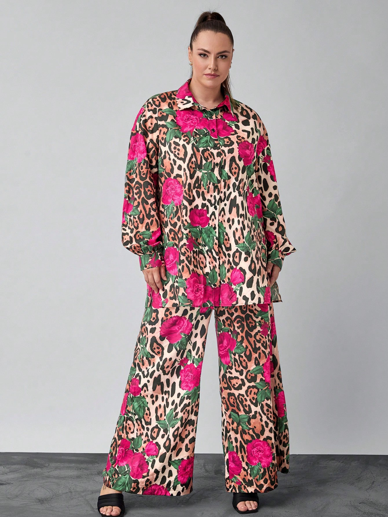 SHEIN Clasi Plus Size Leopard Print Office Wear Cardigan & Top 2pcs Set For Women | SHEIN