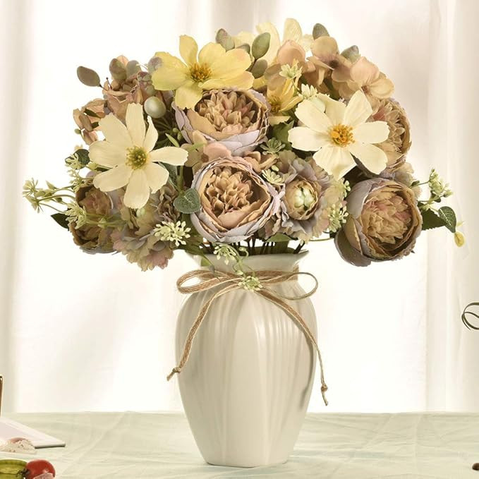 LESING Artificial Peony Bouquets with Ceramic Vase Silk Flowers for Wedding Home Table Centerpiec... | Amazon (US)