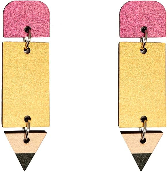 Teacher Student Earrings Wooden Pencil Crayon Earrings for Teachers Cat Toy Bucket Earrings Back ... | Amazon (US)