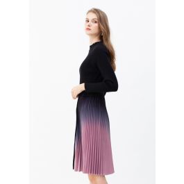 Gradient Pleated Splicing Belted Knit Dress in Black | Chicwish