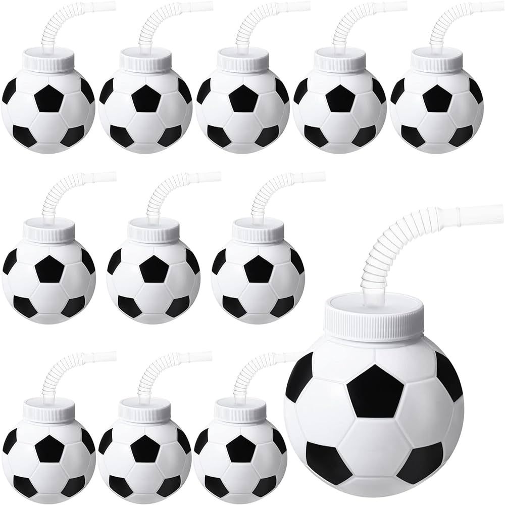 12 Set Soccer Ball Cups with Straws and Lids, 10 oz Plastic Reusable Soccer Cups Bulk for Kids Bi... | Amazon (US)