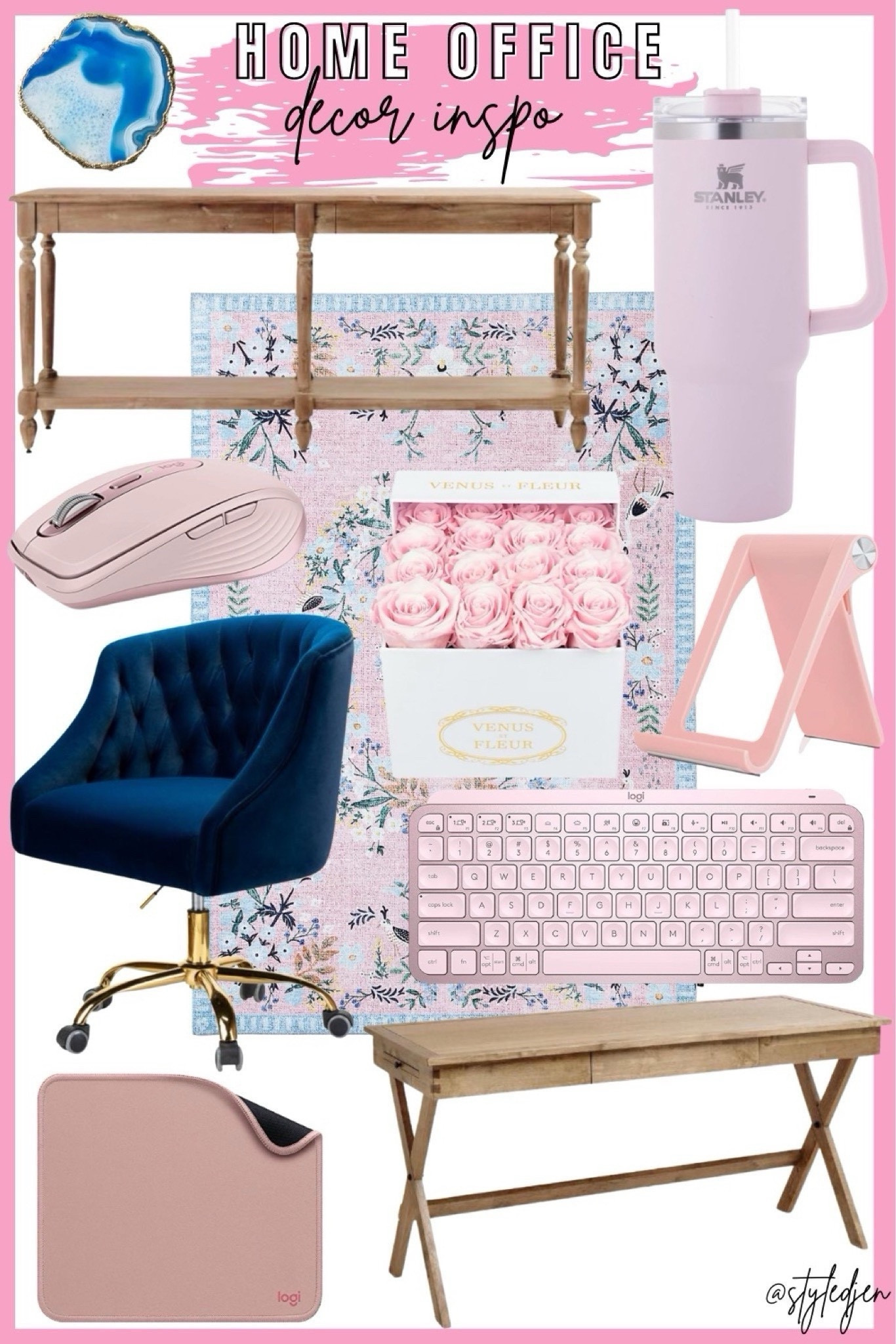Work from home office! Blue velvet chair,
Pink boho girly Anthropologie rug, world market desk and console table, pink keyboard, mouse, mouse pad, forever roses, drink tumbler, phone stand, agate coasters



#LTKFindsUnder100 #LTKHome #LTKStyleTip