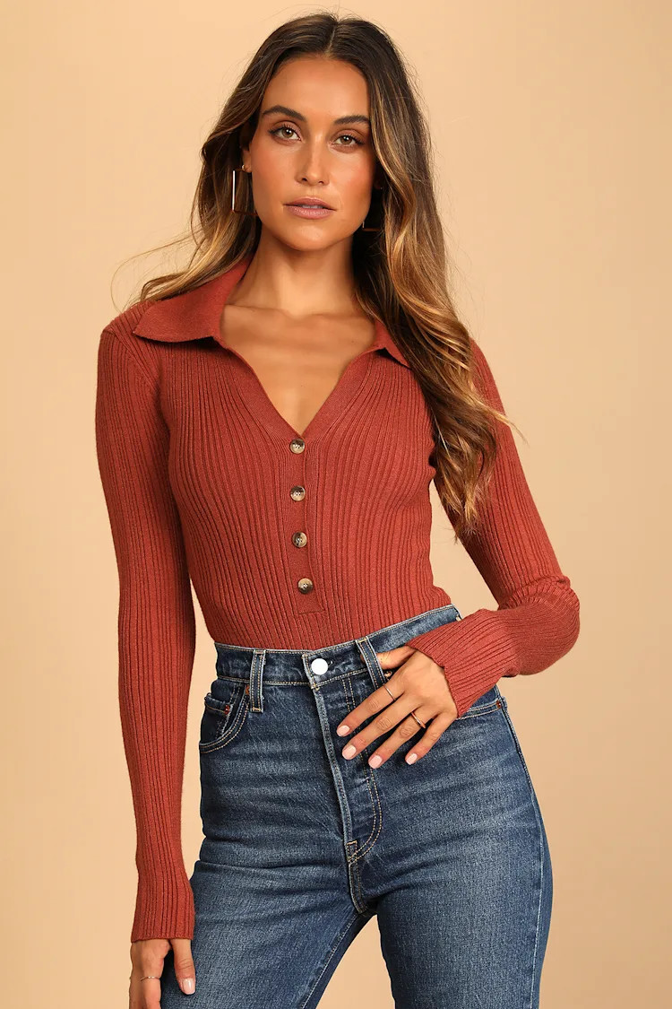 Timeless Design Rust Brown Ribbed Button-Up Long Sleeve Bodysuit | Lulus (US)