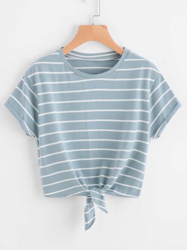 Knot Front Cuffed Sleeve Striped Tee | SHEIN