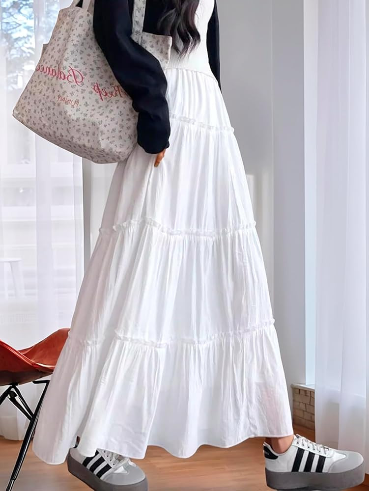 Amazon.com: Women's High Waist Tiered Maxi Skirt, Casual A-Line Ruffle Flowy Long Skirt for Daily... | Amazon (US)