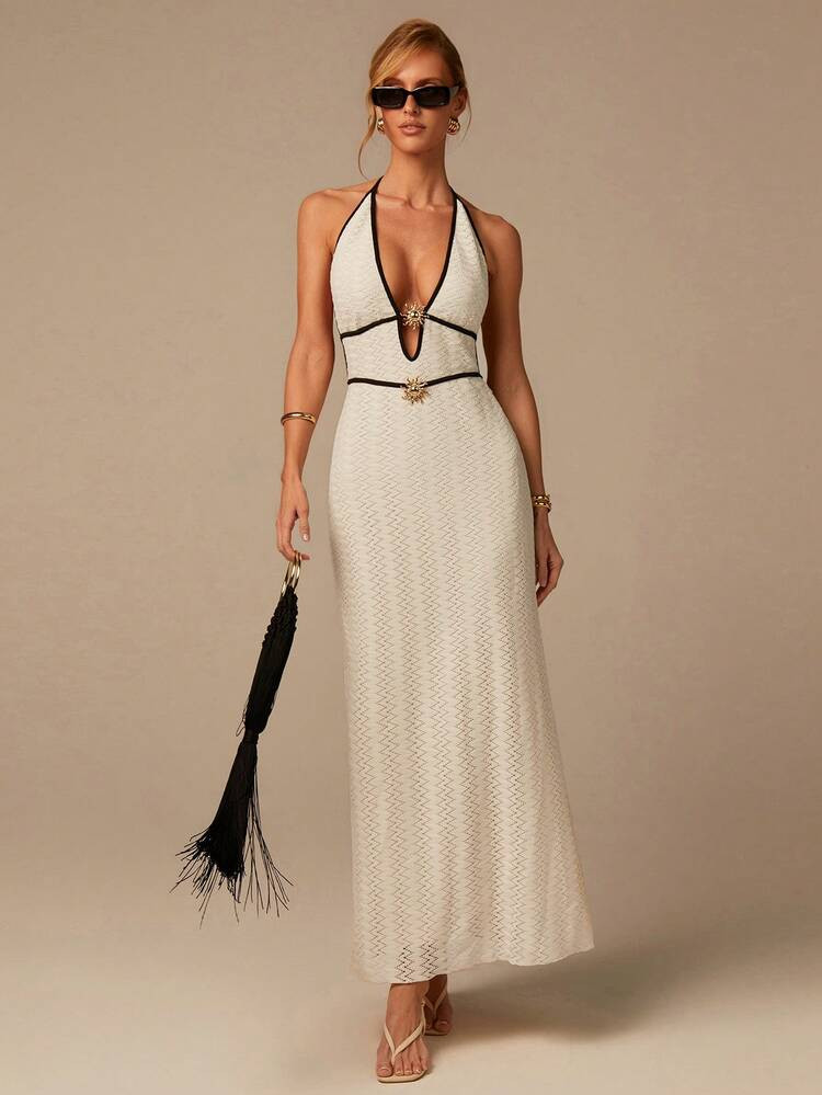 COSMINA Women's Elegant Contrast Trim Sleeveless Deep V Bodycon Dress, Versatile Bohemian Resort Beachwear, Soft Color Blocking, Wedding Season | SHEIN