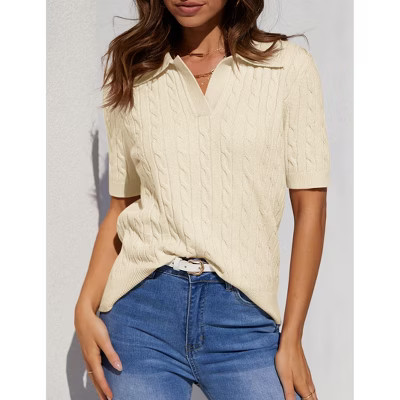 Womens Sweater Collar V Neck Short Sleeve Casual Knit Sweater Tops Beige Apricot XXL | Target