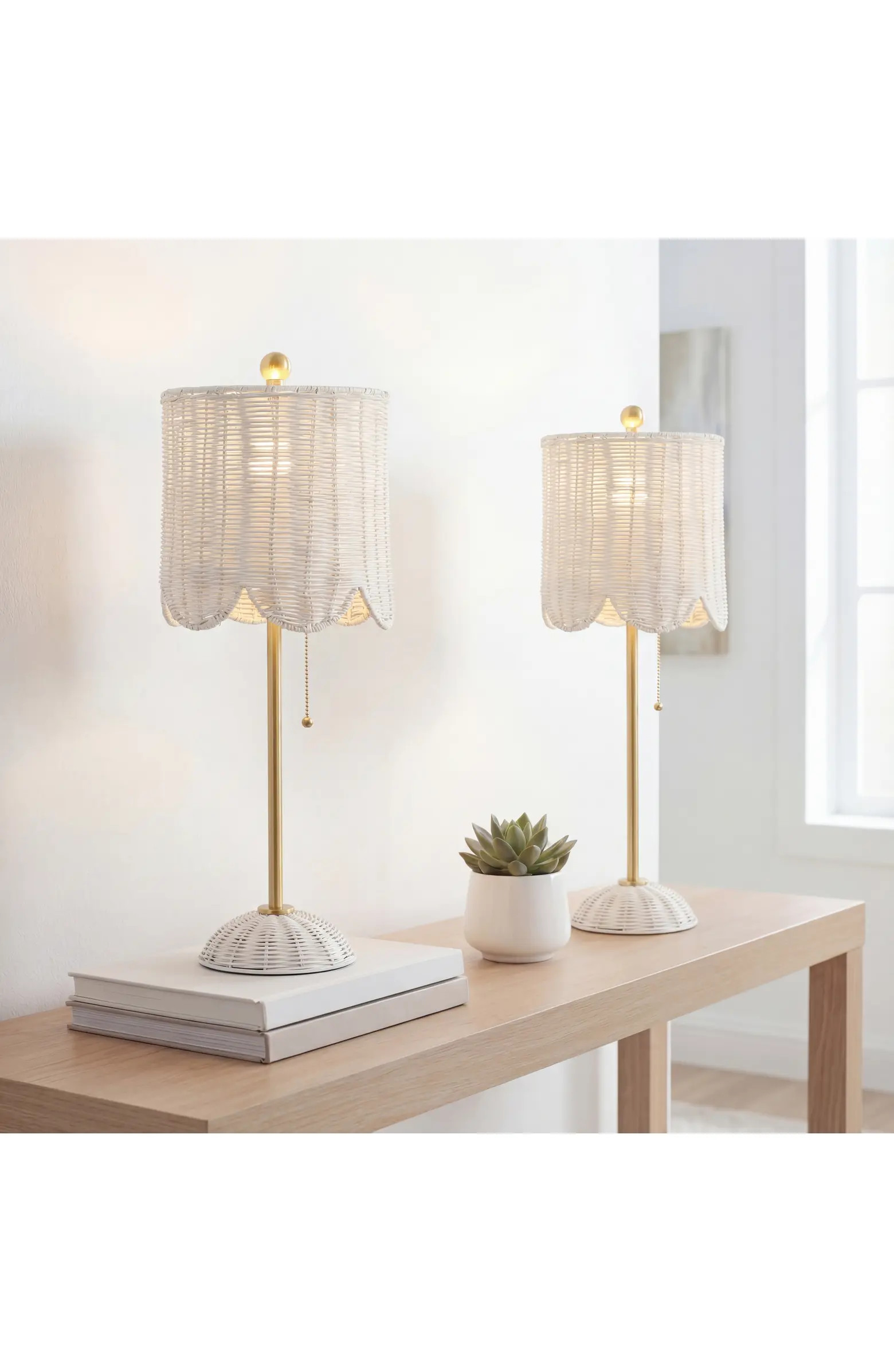 Celerie 27.5" Coastal Bohemian Rattan/Iron Scalloped Buffet LED Table Lamp with Pull Chain | Nordstrom