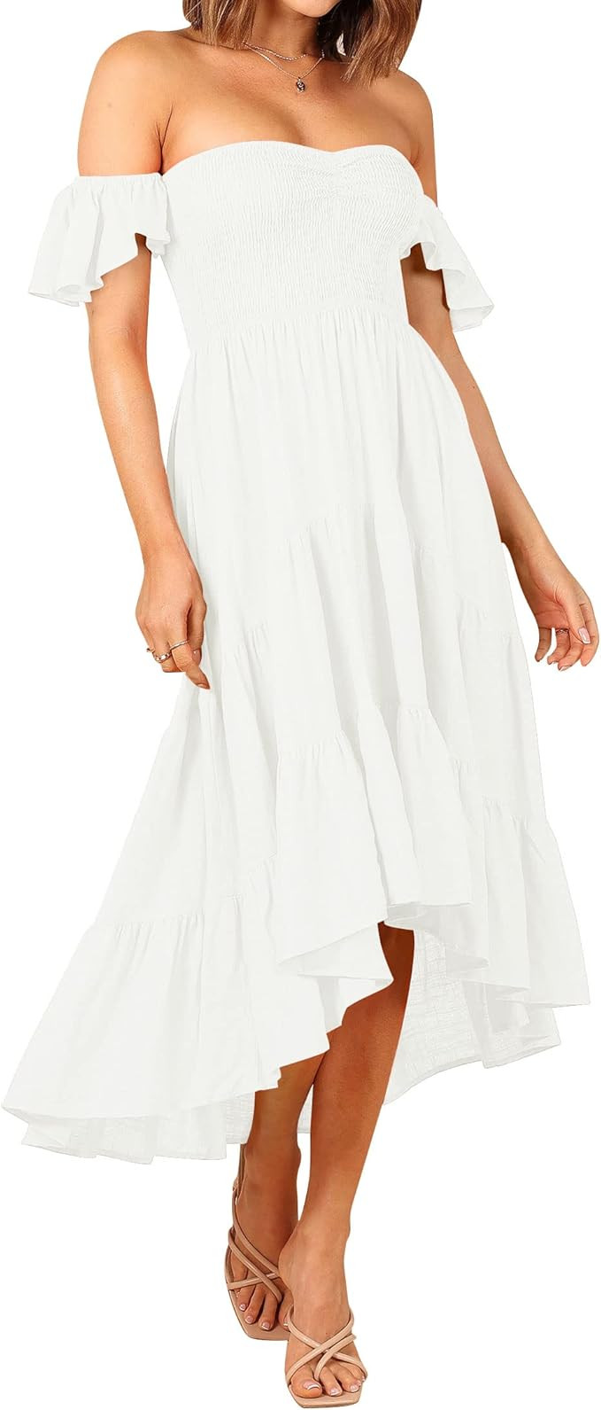 ZESICA Women's 2023 Summer Boho Off Shoulder Short Sleeve Smocked Ruffle Swing High Low Mermaid C... | Amazon (US)