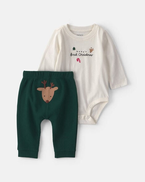 Baby 2-Piece 'Baby's First Christmas' Long-Sleeve Bodysuit & Pant Set - Ivory/Green | Carter's | Carter's Inc