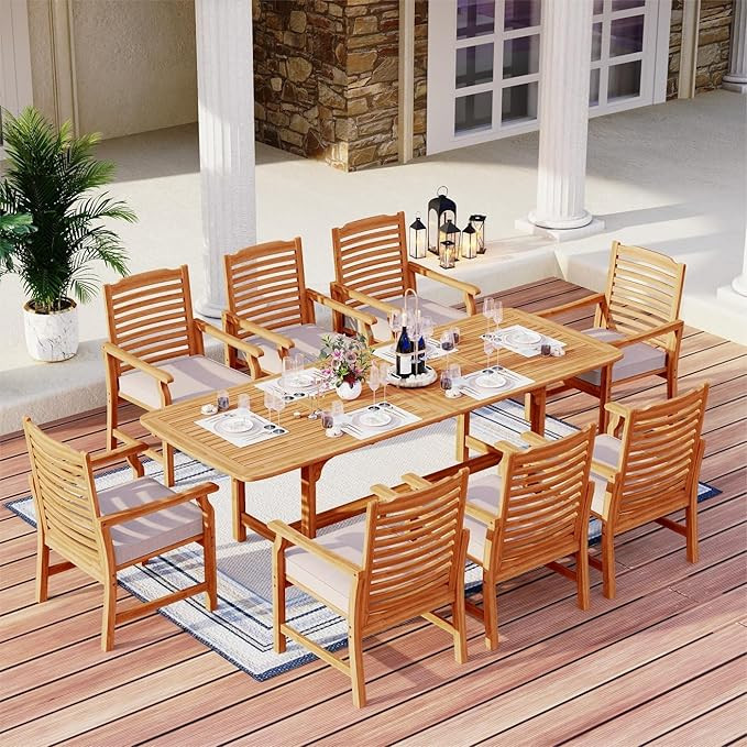 MFSTUDIO 9 Pieces Wood Patio Dining Set, Teak Wooden Outdoor Dining Table Chairs Set for 8, 1 x R... | Amazon (US)
