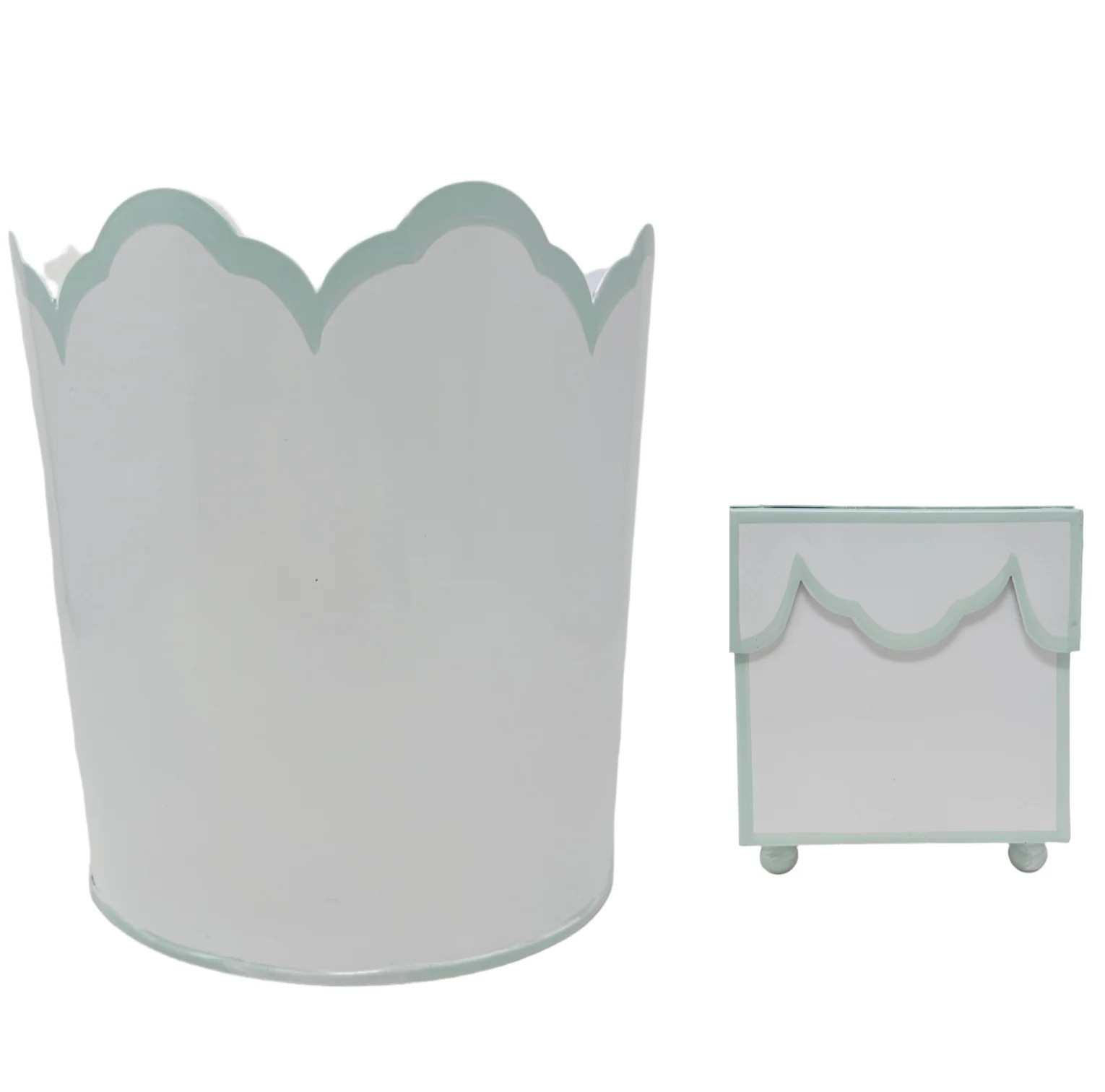 White & Mint Blue Scalloped Tissue Holder & Small Wastepaper Basket | The Enchanted Home
