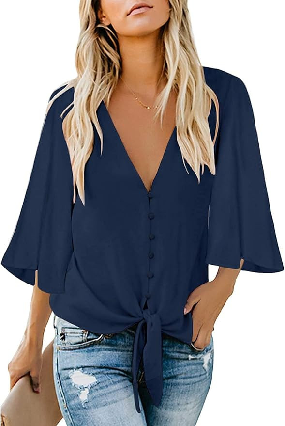 Kancystore Womens Button Down V Neck Tie Knot Front Tops 3/4 Sleeve Chiffon Casual Blouse Shirts | Amazon (US)