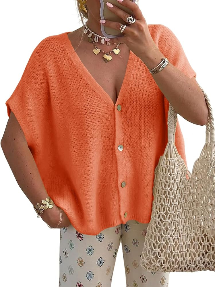 Saodimallsu Womens Spring Oversized Cardigans Batwing Short Sleeve Lightweight Button V Neck Casu... | Amazon (US)