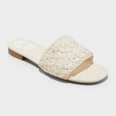 Women's Ariella Woven Raffia Slide Sandals with Memory Foam Insole - A New Day™ White 9.5: Slip-On, Open Square Toe, Textured Outsole | Target