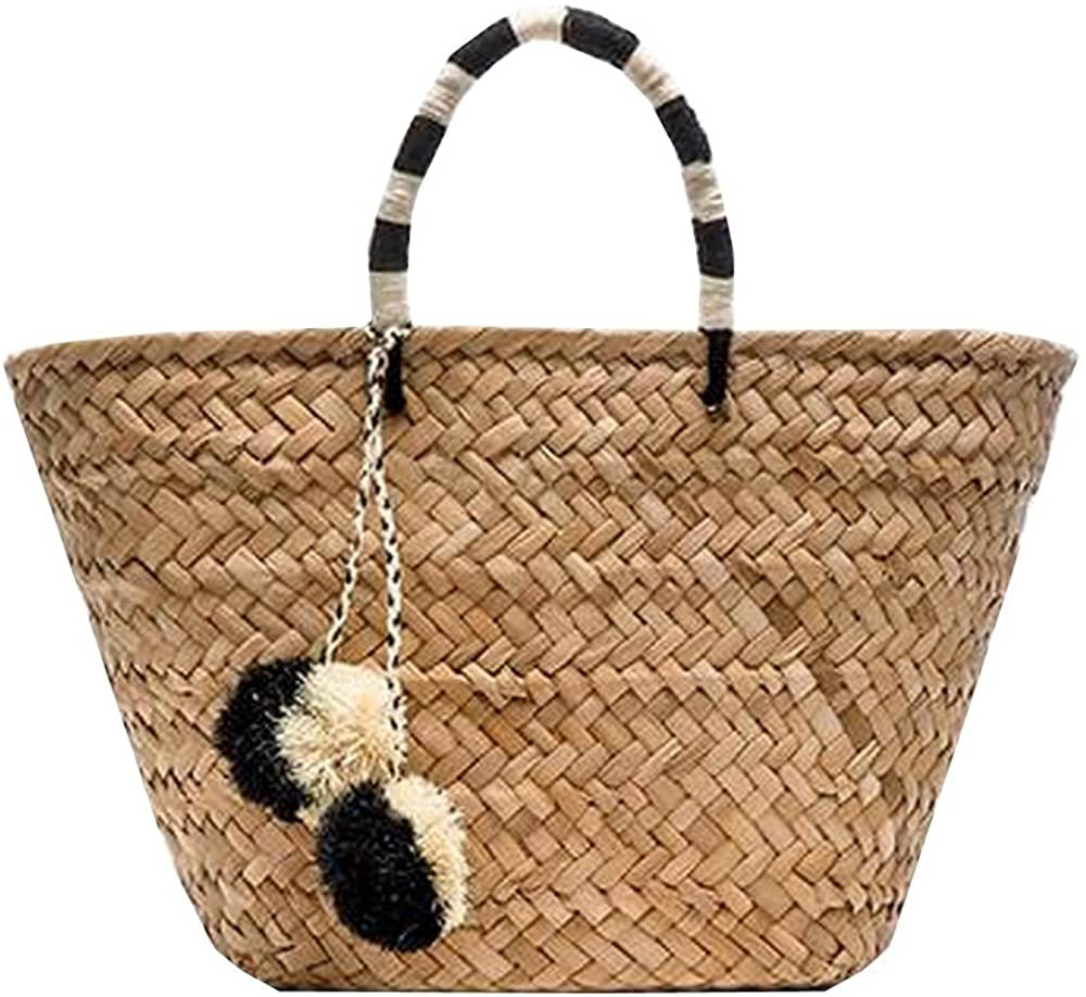 Straw Bag Handmade Beach Handbag Summer Bag Lightweight With Balls | Amazon (US)