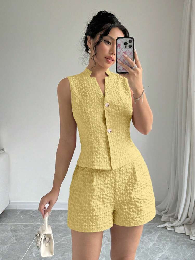 Elenzga Set de 2 piezas de camisa sin mangas de unicolor y pantalones cortos holgados de mujer, p... | SHEIN