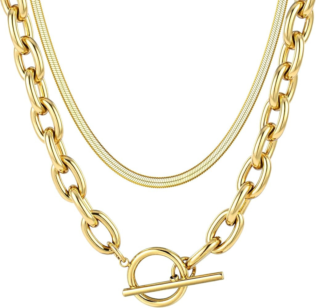 TEN MIRO 18k Gold Layered Chunky Paperclip Chain Necklace Non Tarnish Toggle Clasp Necklace Stack... | Amazon (US)