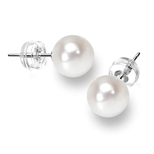 BURLAP LIFE 925 Sterling Silver Freshwater Real Round Pearl Stud Earrings Quality Pearl Earrings for Women, Silicone Earring Backs, White Pearl 5mm-6mm | Amazon (US)