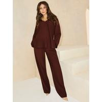 Michelle Keegan Ottoman Rib Wide Leg Trouser - Brown | Very (UK)