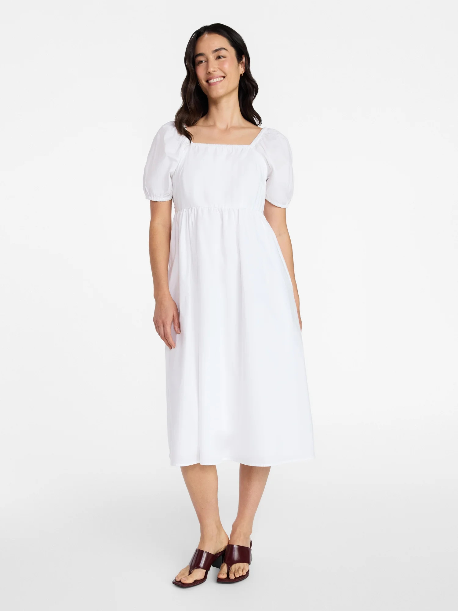 Time and Tru Women's and Women's Plus Cotton Back Tie Midi Dress with Short Puff Sleeves, Sizes X... | Walmart (US)